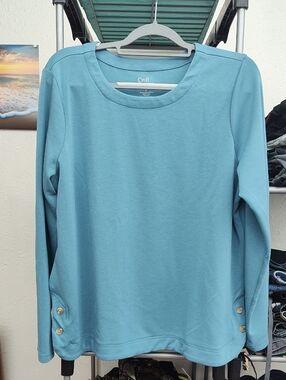 croft & barrow Light Blue Long Sleeve Top with Hem Buttons